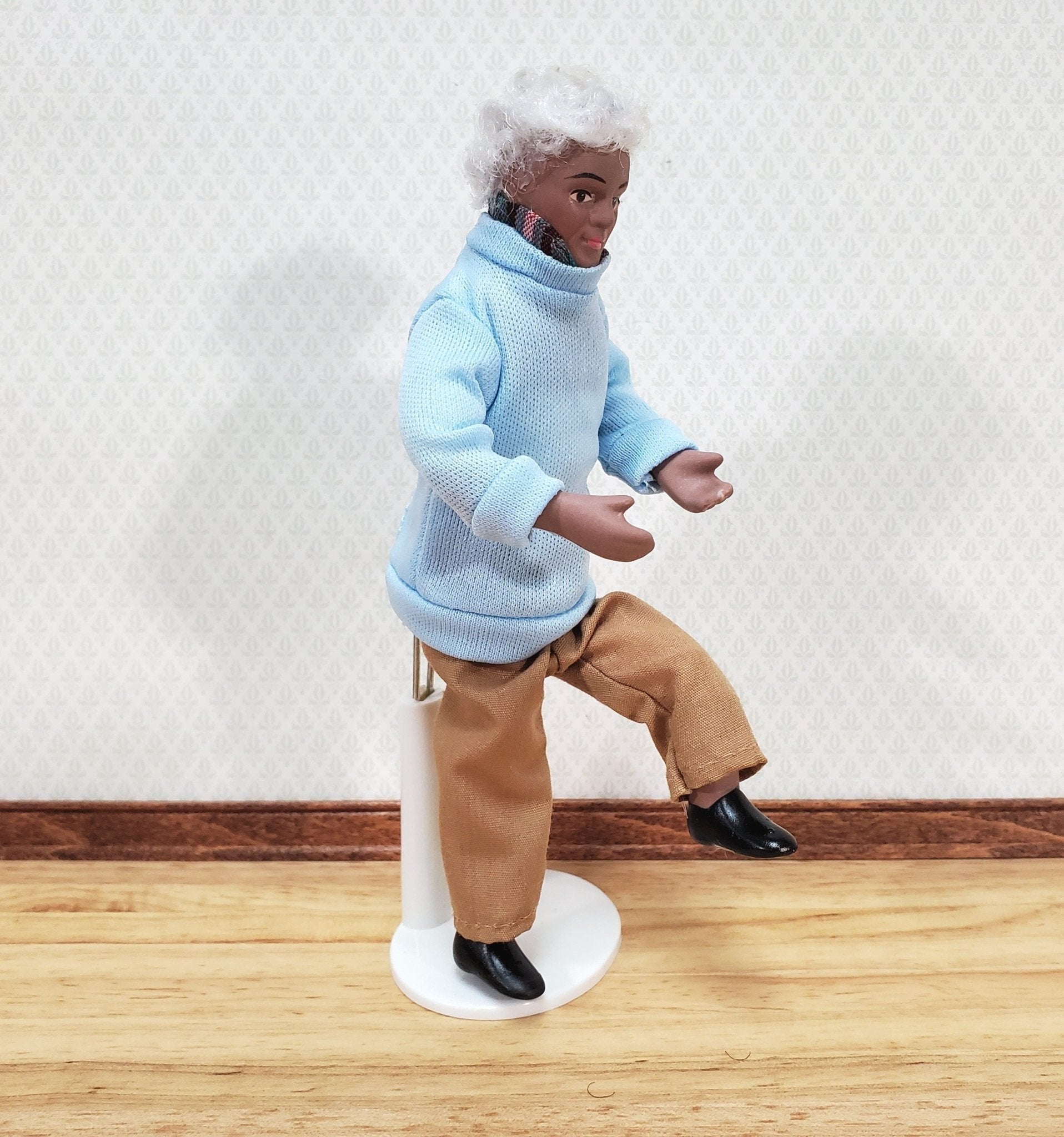 Dollhouse Modern Grandpa Black Brown Doll Grandfather Male Porcelain Poseable 1:12 Scale Miniature - Miniature Crush