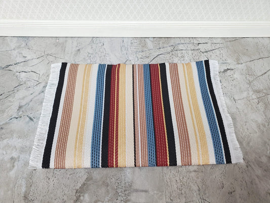 Dollhouse Modern Rug Striped Fabric Small Browns Gold Blue Black with Fringe 1:12 Scale Miniature - Miniature Crush