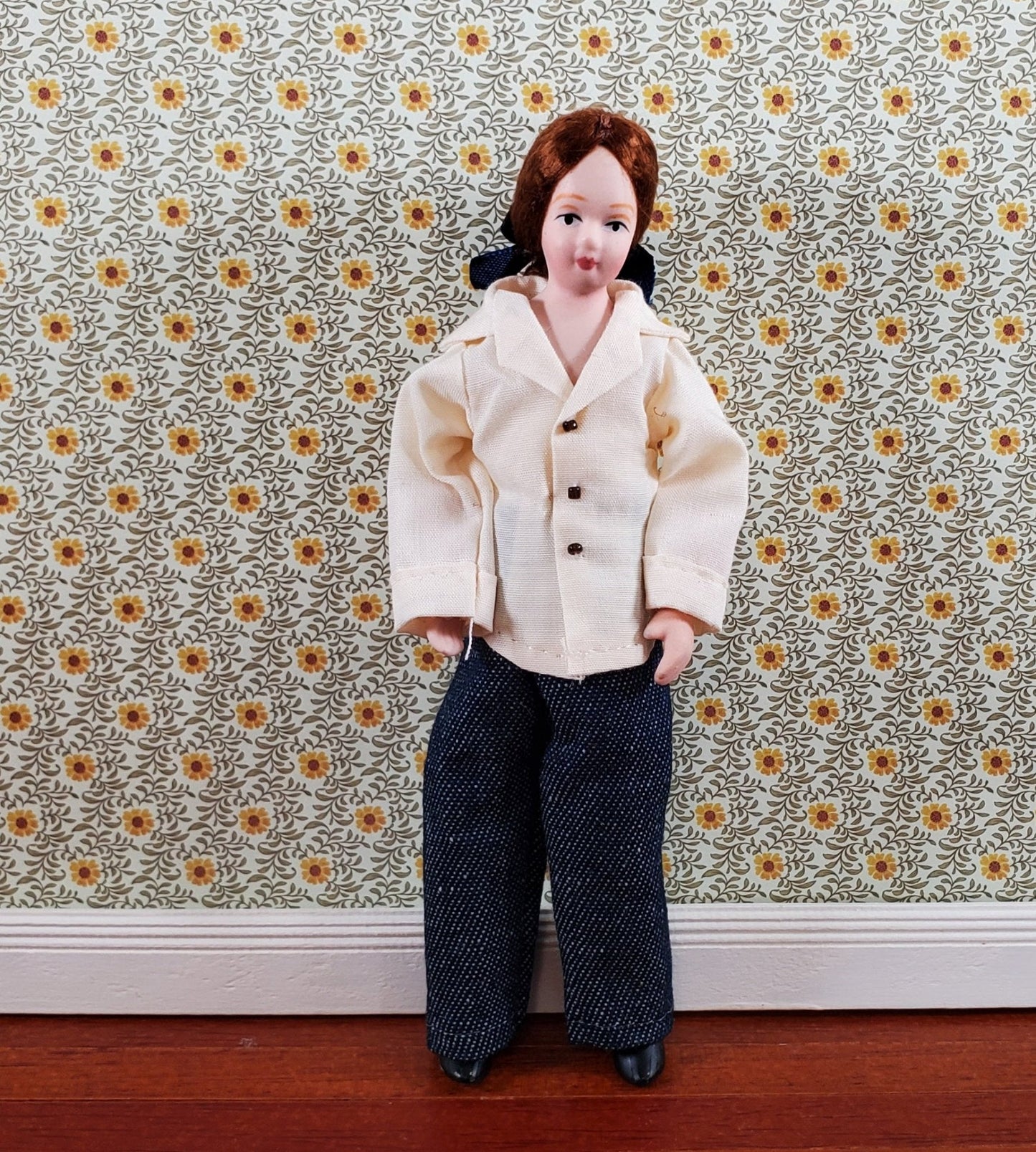 Dollhouse Modern Woman Doll Mom Porcelain Poseable 1:12 Scale White Jacket Jeans - Miniature Crush