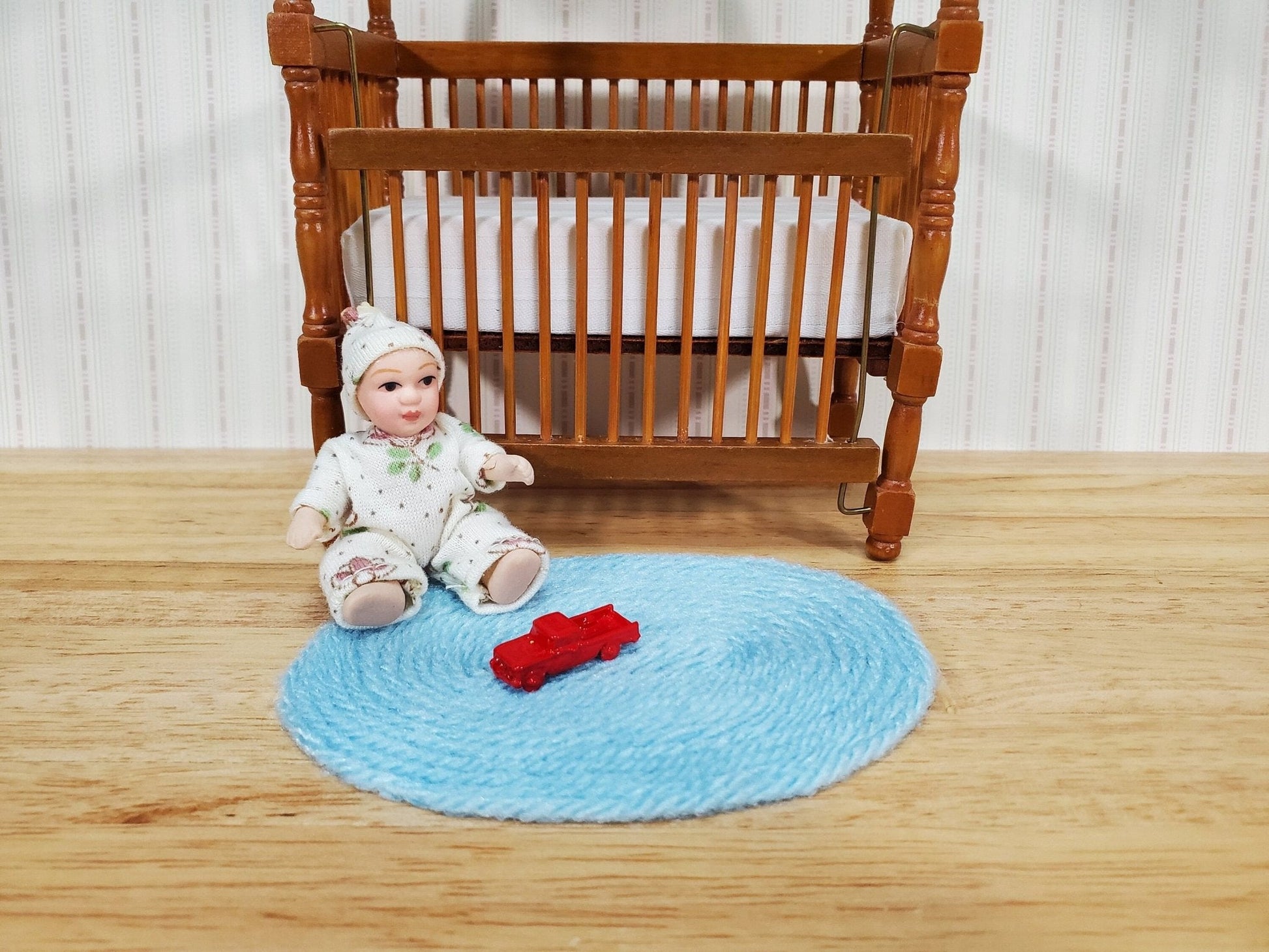 Dollhouse Oval Rug Blue Yarn Small 1:12 Scale Miniature Nursery - Miniature Crush