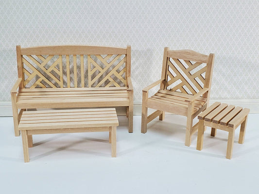 Dollhouse Patio Porch Set Chair Bench Tables Unpainted Wood 1:12 Scale Miniature Furniture - Miniature Crush