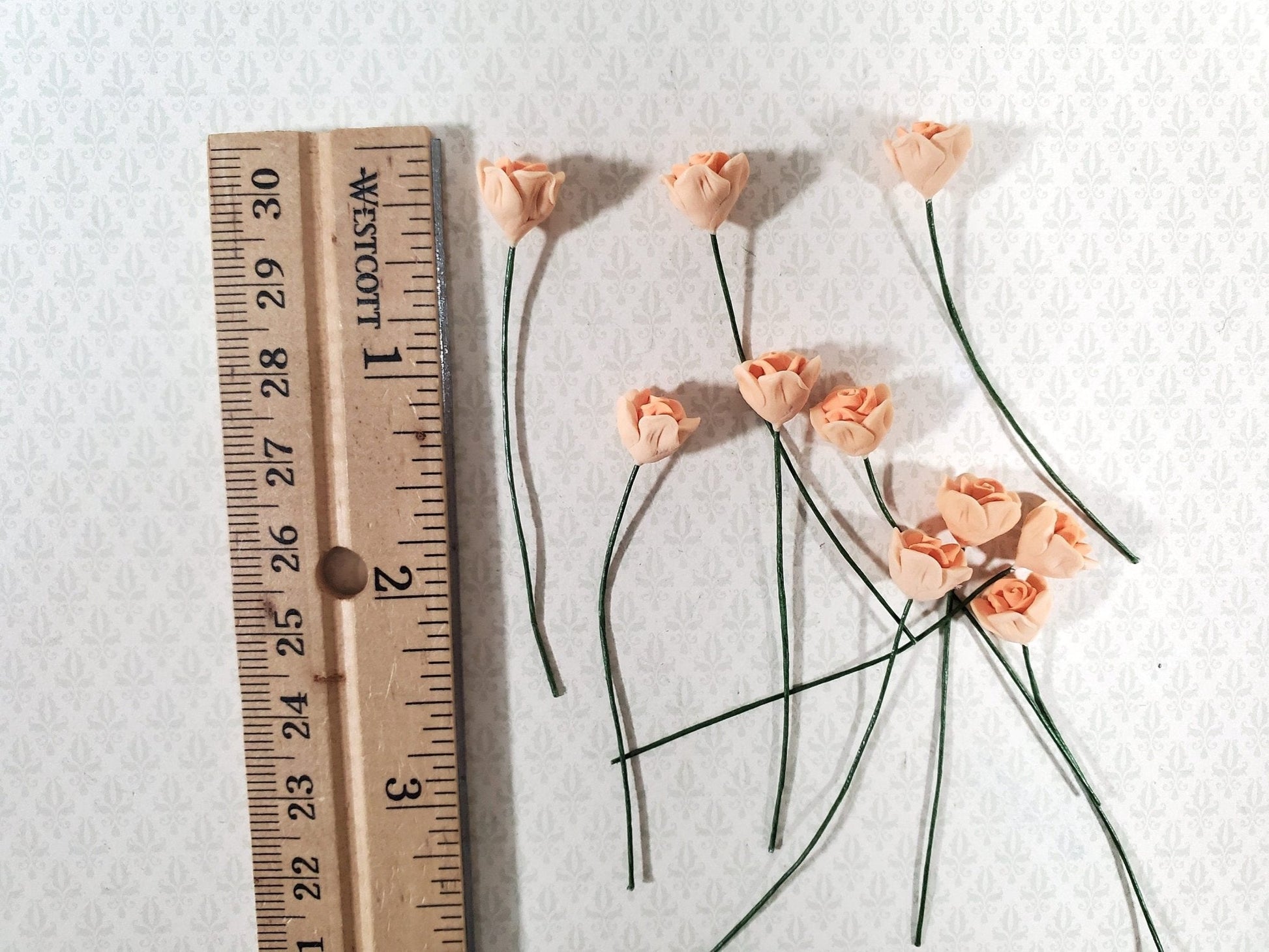 Dollhouse Peach Roses Flowers Set of 10 with Stems 1:12 Scale Miniature Garden - Miniature Crush