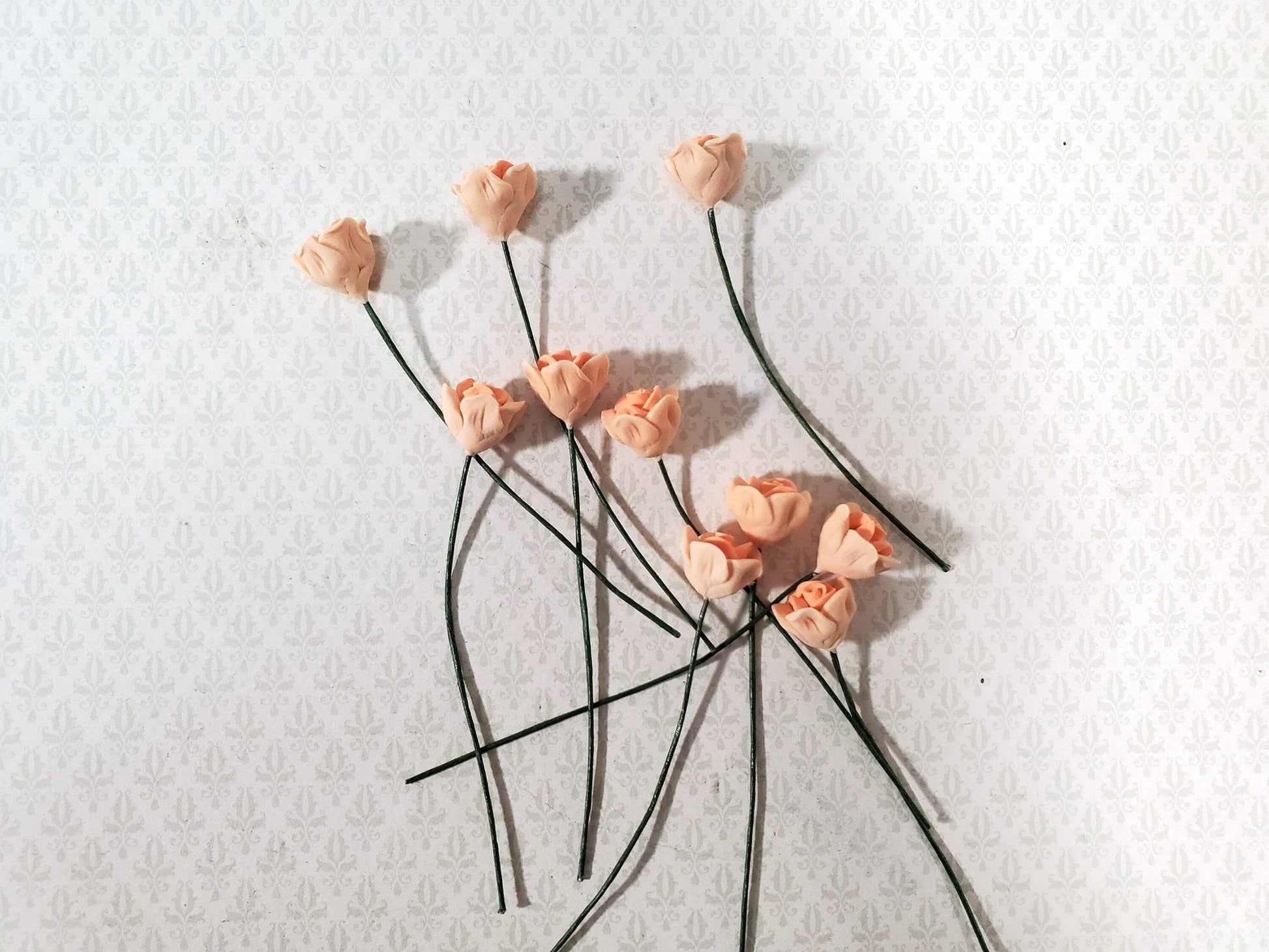 Dollhouse Peach Roses Flowers Set of 10 with Stems 1:12 Scale Miniature Garden - Miniature Crush