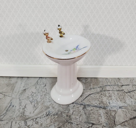 Dollhouse Pedestal Sink Bathroom White Ceramic Gold Handles 1:12 Scale with Decal - Miniature Crush