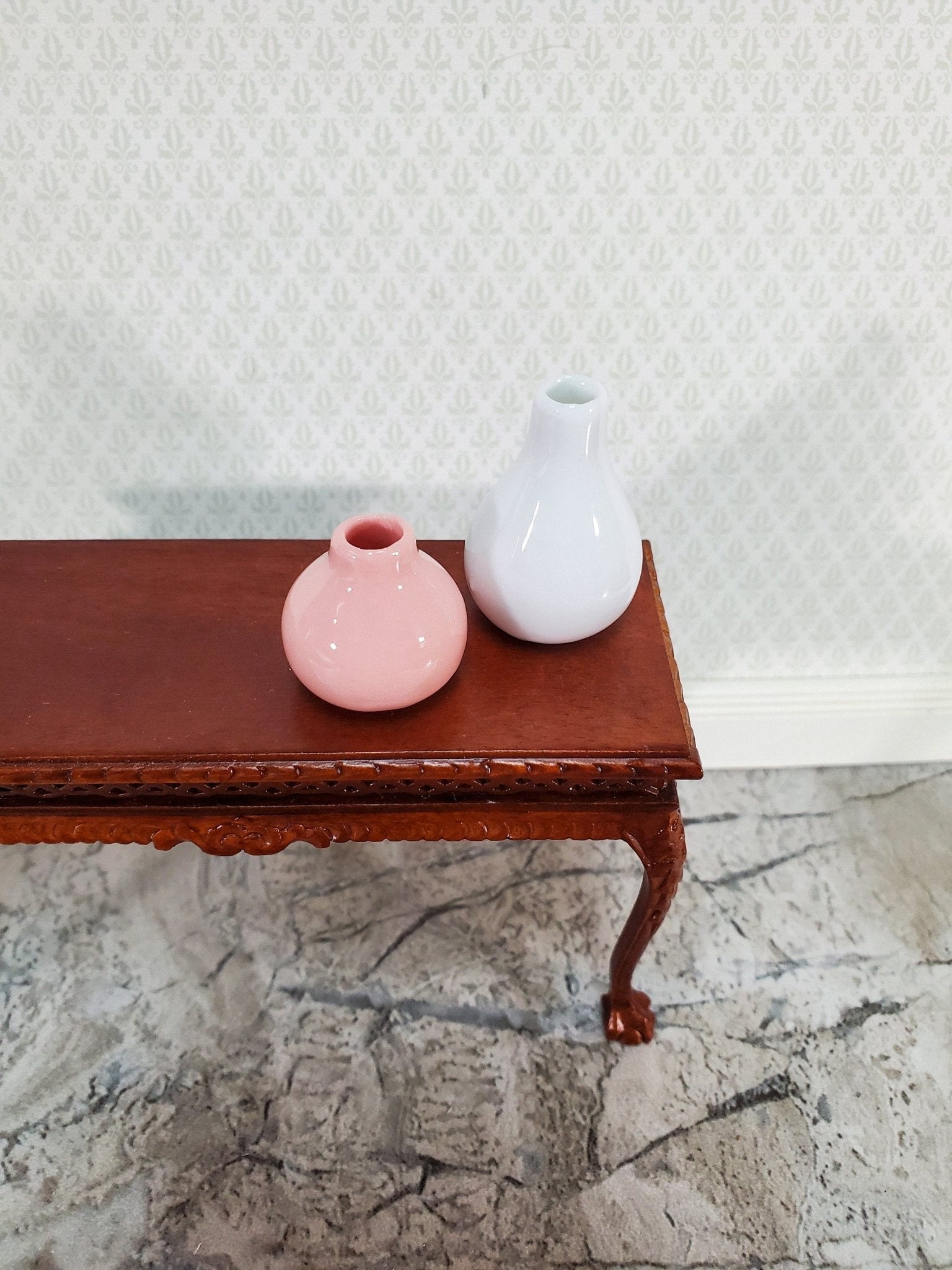 Dollhouse Pink & White Vases Ceramic LARGE Miniature Use in 1:12 or 1/6 Scale - Miniature Crush