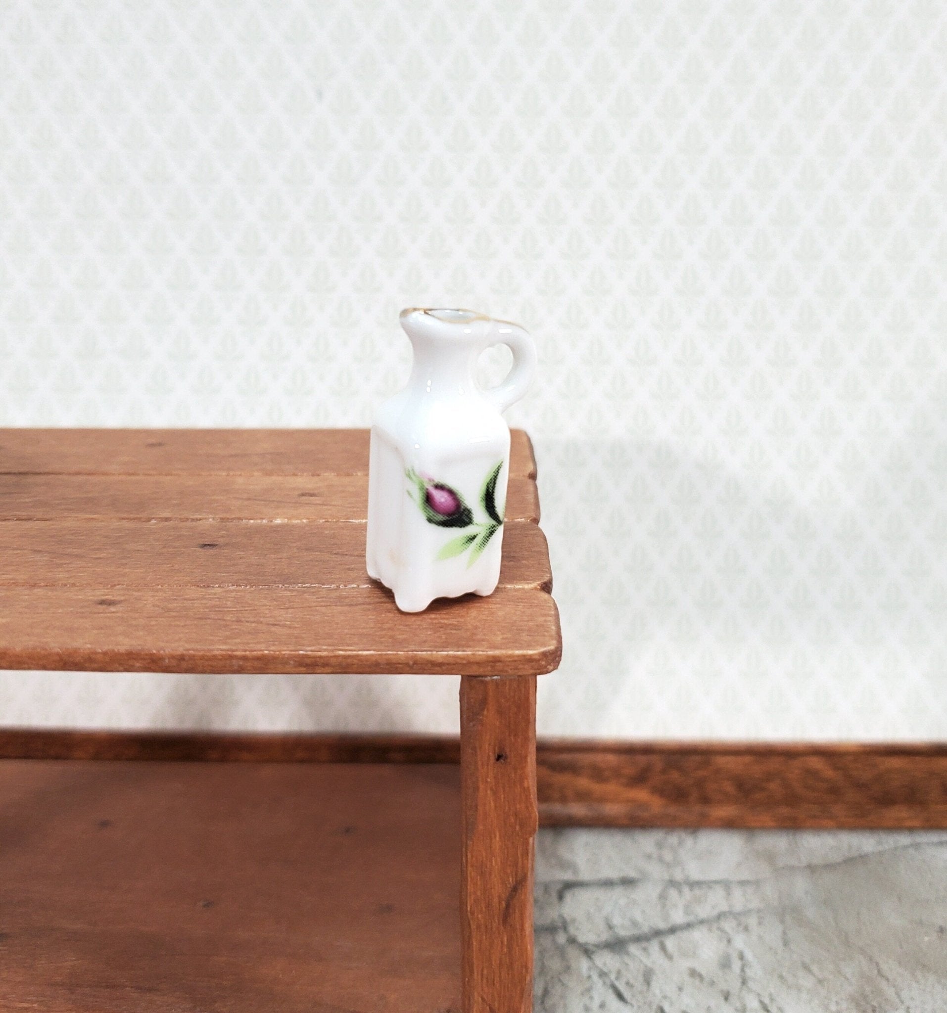 Dollhouse Pitcher with Handle White Floral with Gold Ceramic 1:12 Scale Miniature - Miniature Crush