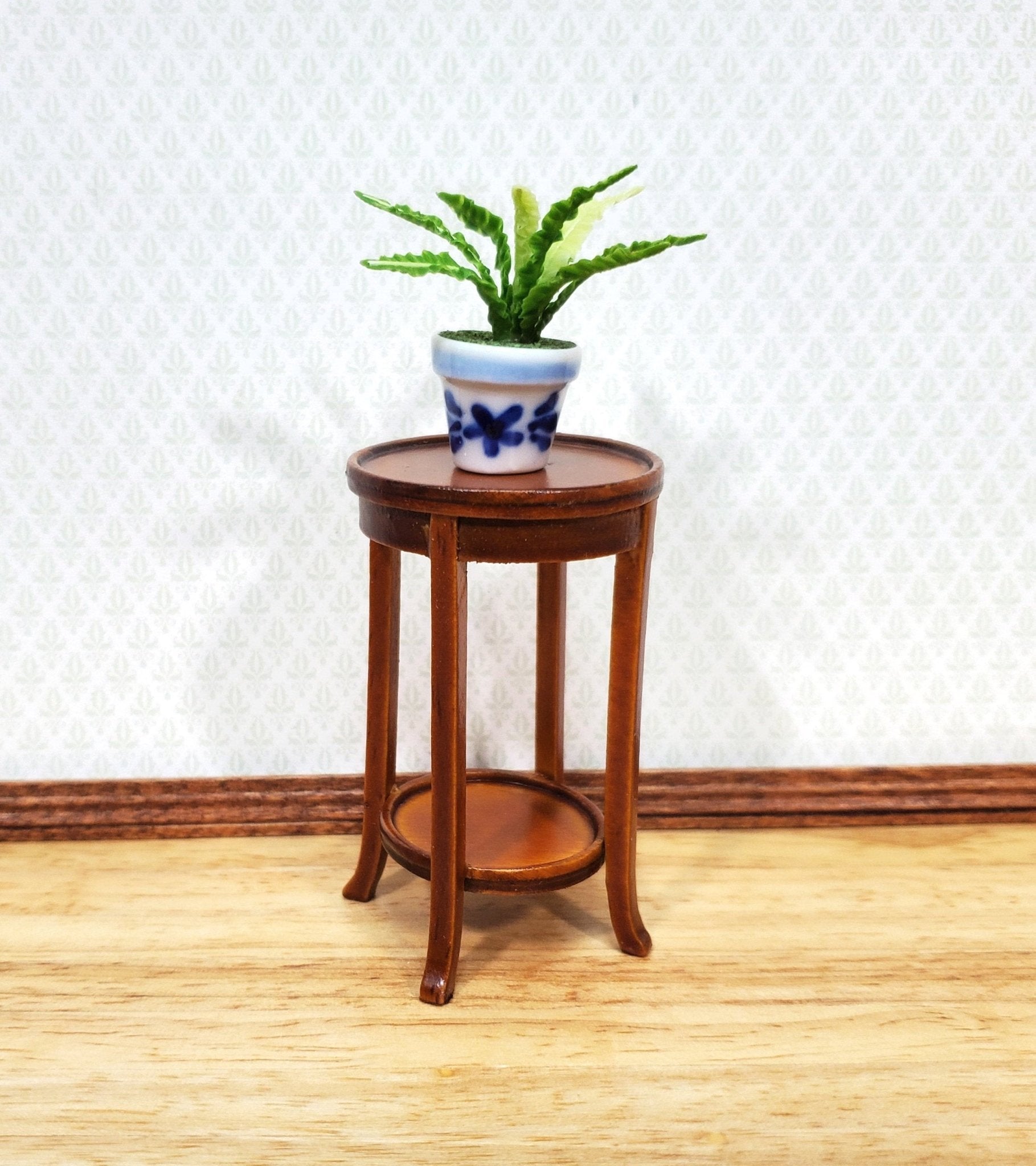 Dollhouse Plant Fern Stand Round Side Table Walnut Finish 1:12 Scale Furniture - Miniature Crush