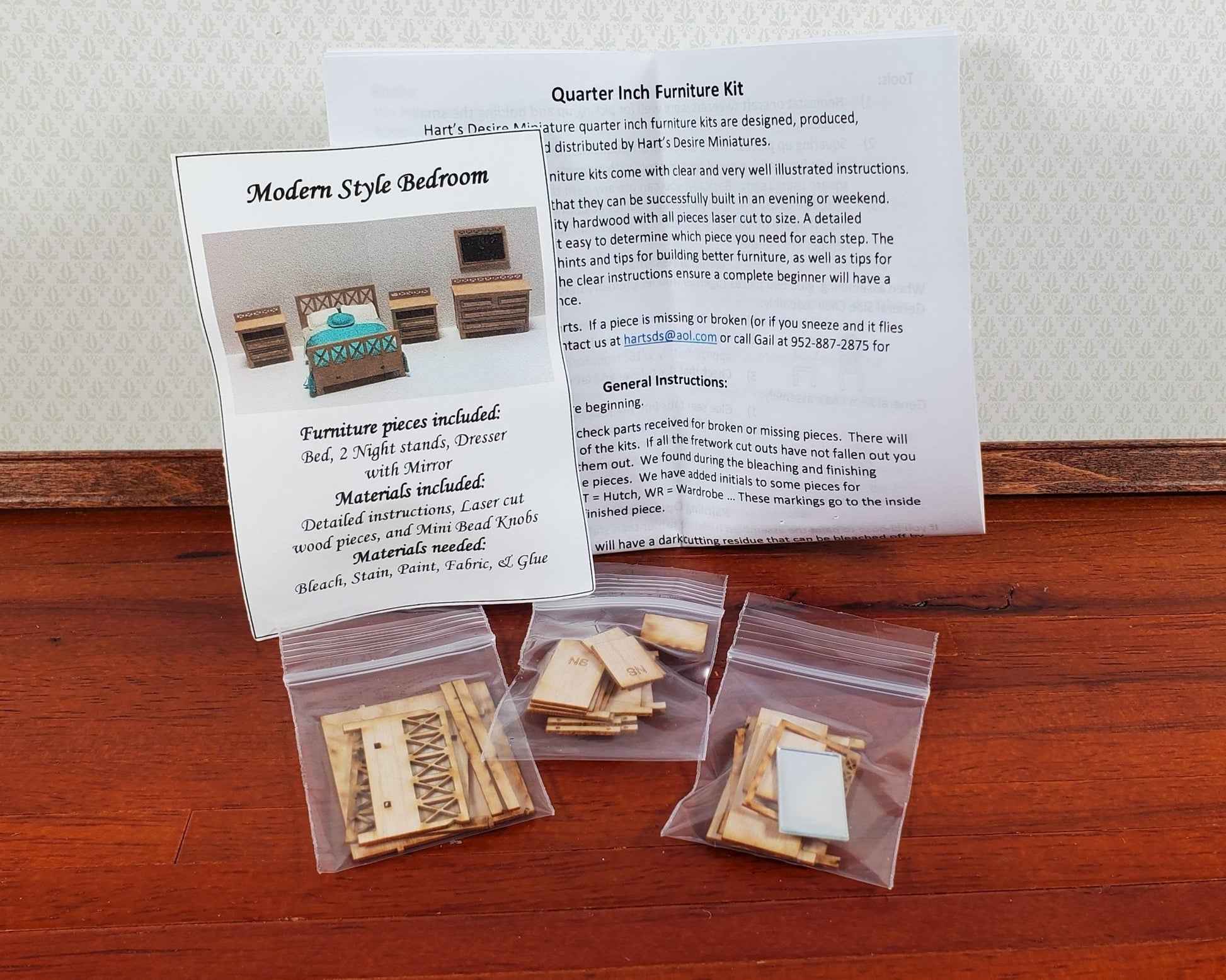 Dollhouse Quarter Scale Furniture KIT DIY Modern Style Bedroom Bed Dressers 1:48 - Miniature Crush