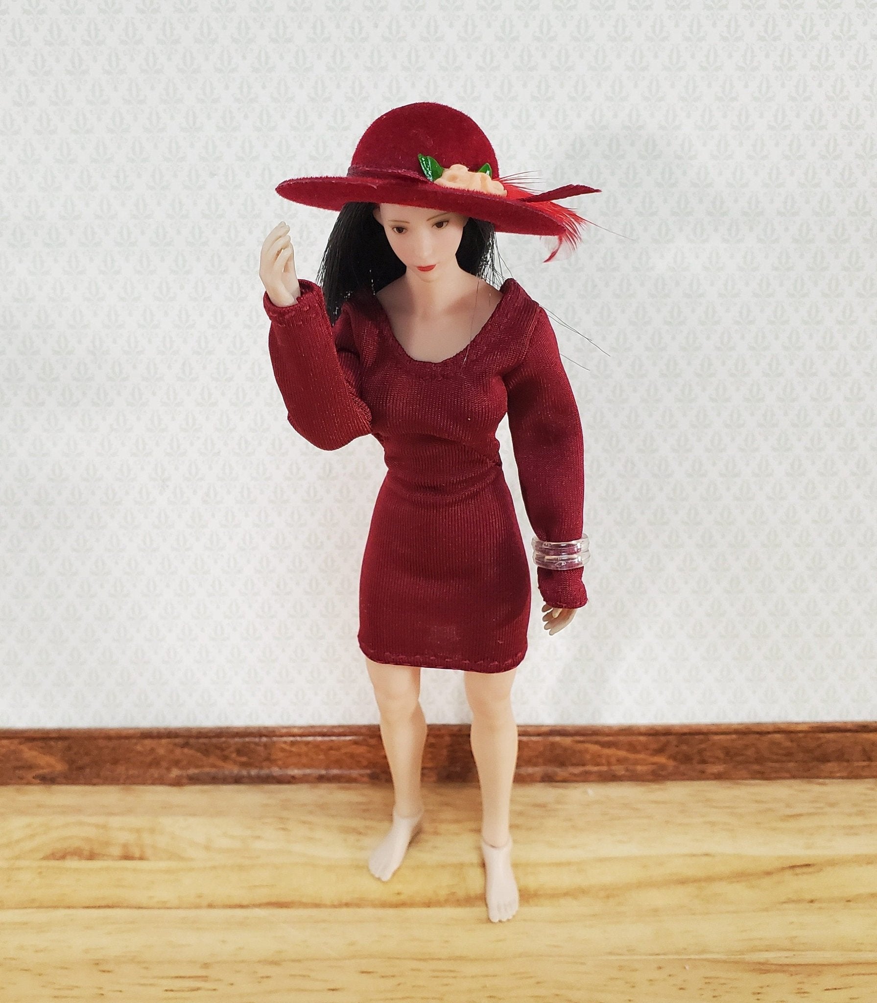 Dollhouse Red Velvet Hat with Feather & Flowers Wearable 1:12 Scale Miniature - Miniature Crush