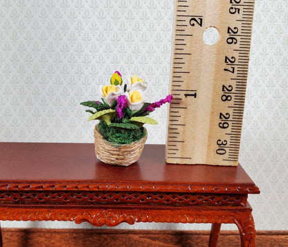 Dollhouse Roses in Natural Fiber Basket White Yellow Purple Flowers 1:12 Scale - Miniature Crush