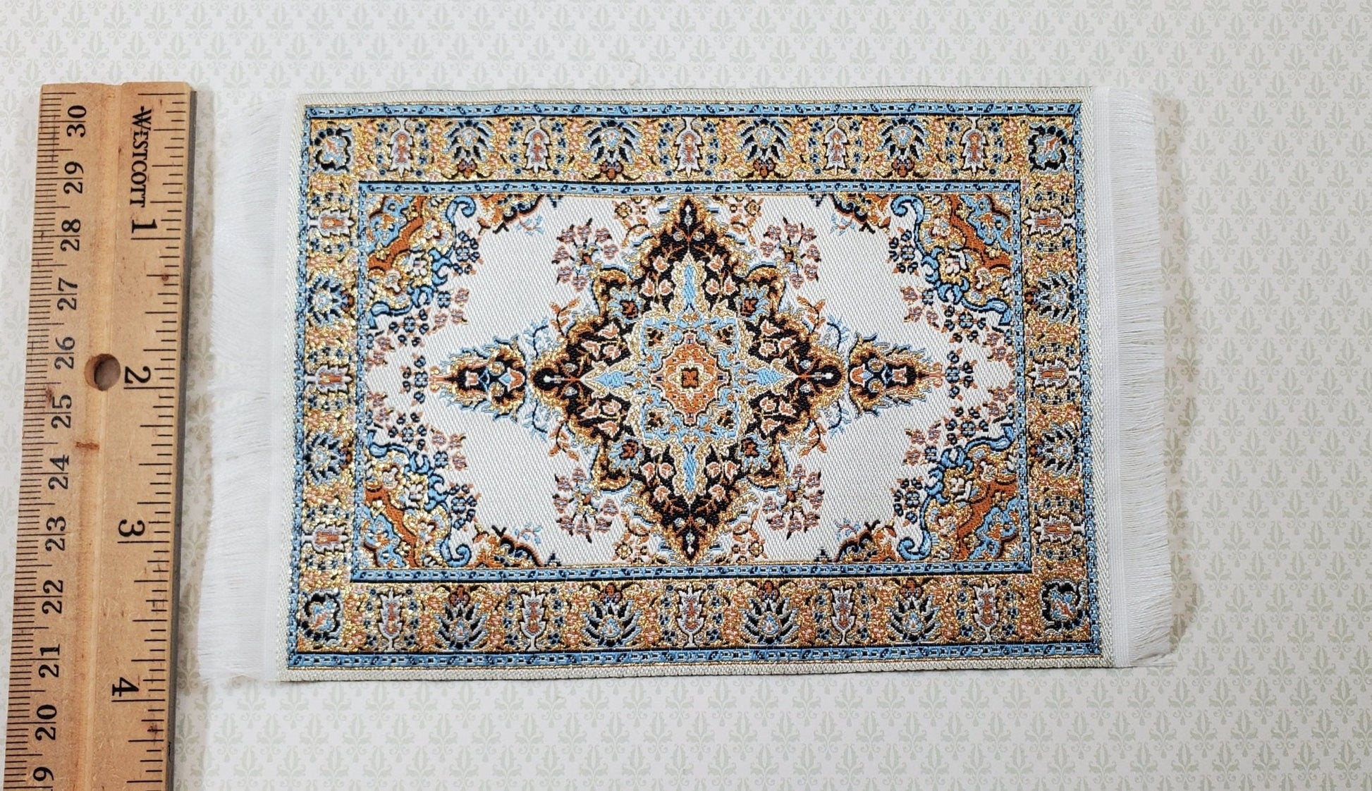 Dollhouse Rug Cream Gold Blue 6" x 4" Woven Fabric 1:12 Scale Miniature Carpet - Miniature Crush