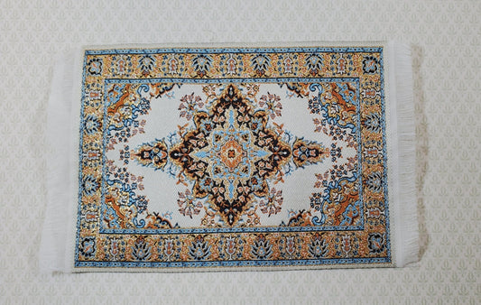 Dollhouse Rug Cream Gold Blue 6" x 4" Woven Fabric 1:12 Scale Miniature Carpet - Miniature Crush