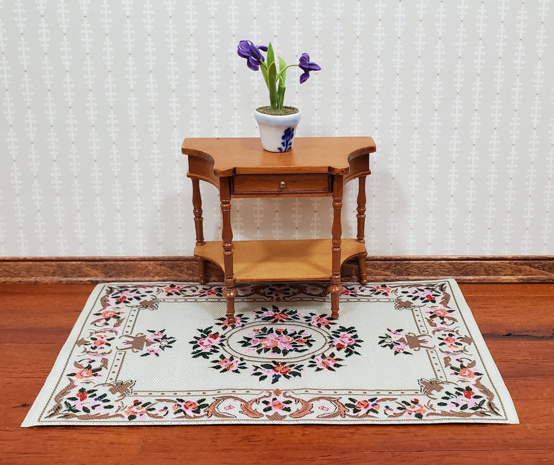 Dollhouse Rug Cream Pink Brown 7 3/4" x 3 7/8" Woven Fabric 1:12 Scale - Miniature Crush
