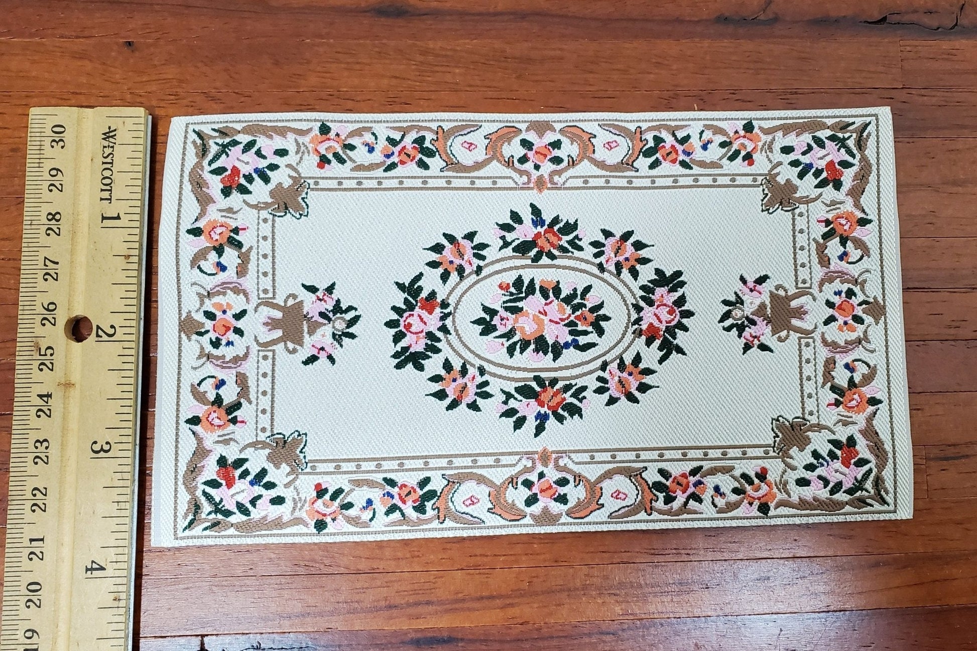 Dollhouse Rug Cream Pink Brown 7 3/4" x 3 7/8" Woven Fabric 1:12 Scale - Miniature Crush