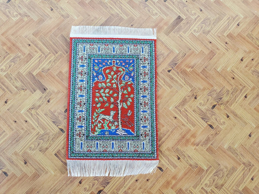 Dollhouse Rug Small Red Blue with Tree & Deer Fringe 5" x 3" 1:12 Scale Miniatures - Miniature Crush