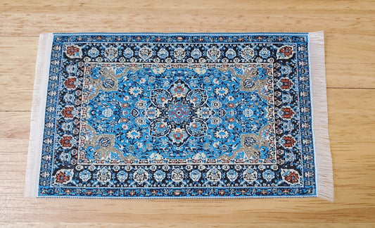 Dollhouse Rug with Fringe Blue White Gold 5.25" x 3" Woven Fabric 1:12 Scale Miniature - Miniature Crush