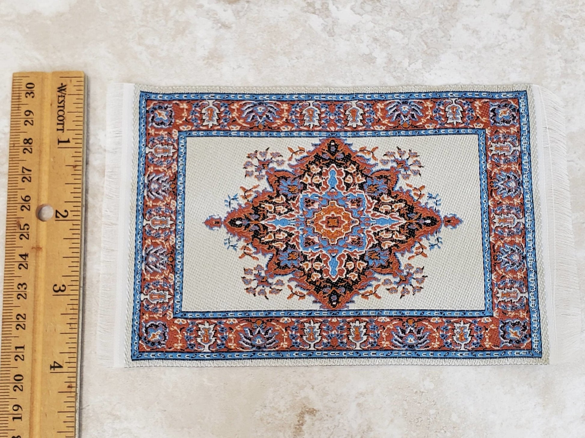 Dollhouse Rug with Fringe Cream Rust 6 1/4" x 3 7/8" Woven Fabric 1:12 Scale Miniature - Miniature Crush