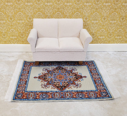 Dollhouse Rug with Fringe Cream Rust 6 1/4" x 3 7/8" Woven Fabric 1:12 Scale Miniature - Miniature Crush