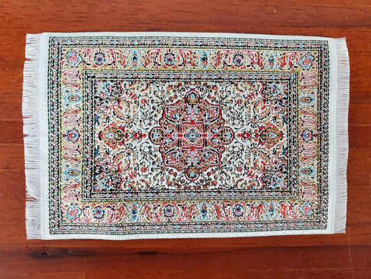 Dollhouse Rug with Fringe Cream Rust & Gold 6" x 4" Woven Fabric 1:12 Scale Miniature - Miniature Crush