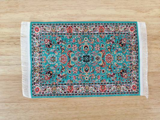 Dollhouse Rug with Fringe Green Rust 6" x 4" Woven Fabric 1:12 Scale Miniature - Miniature Crush