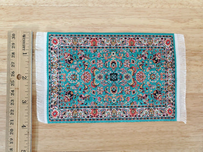 Dollhouse Rug with Fringe Green Rust 6" x 4" Woven Fabric 1:12 Scale Miniature - Miniature Crush