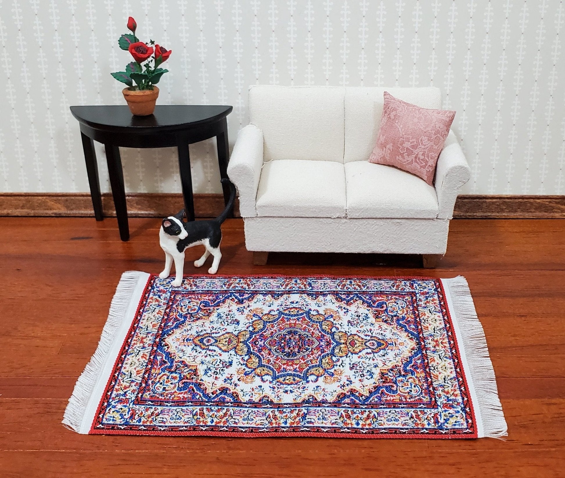 Dollhouse Rug with Fringe Red White Blue 6" x 4" Woven Fabric 1:12 Scale Miniature - Miniature Crush