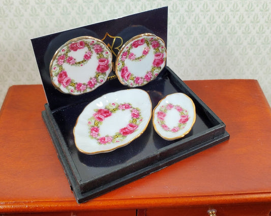 Dollhouse Serving Set Rose Design Reutter Porcelain 1:12 Scale Miniature Plates - Miniature Crush