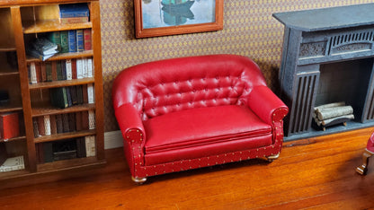 Dollhouse Sofa Red Tufted Faux Leather 1:12 Scale Miniature Furniture by JBM - Miniature Crush