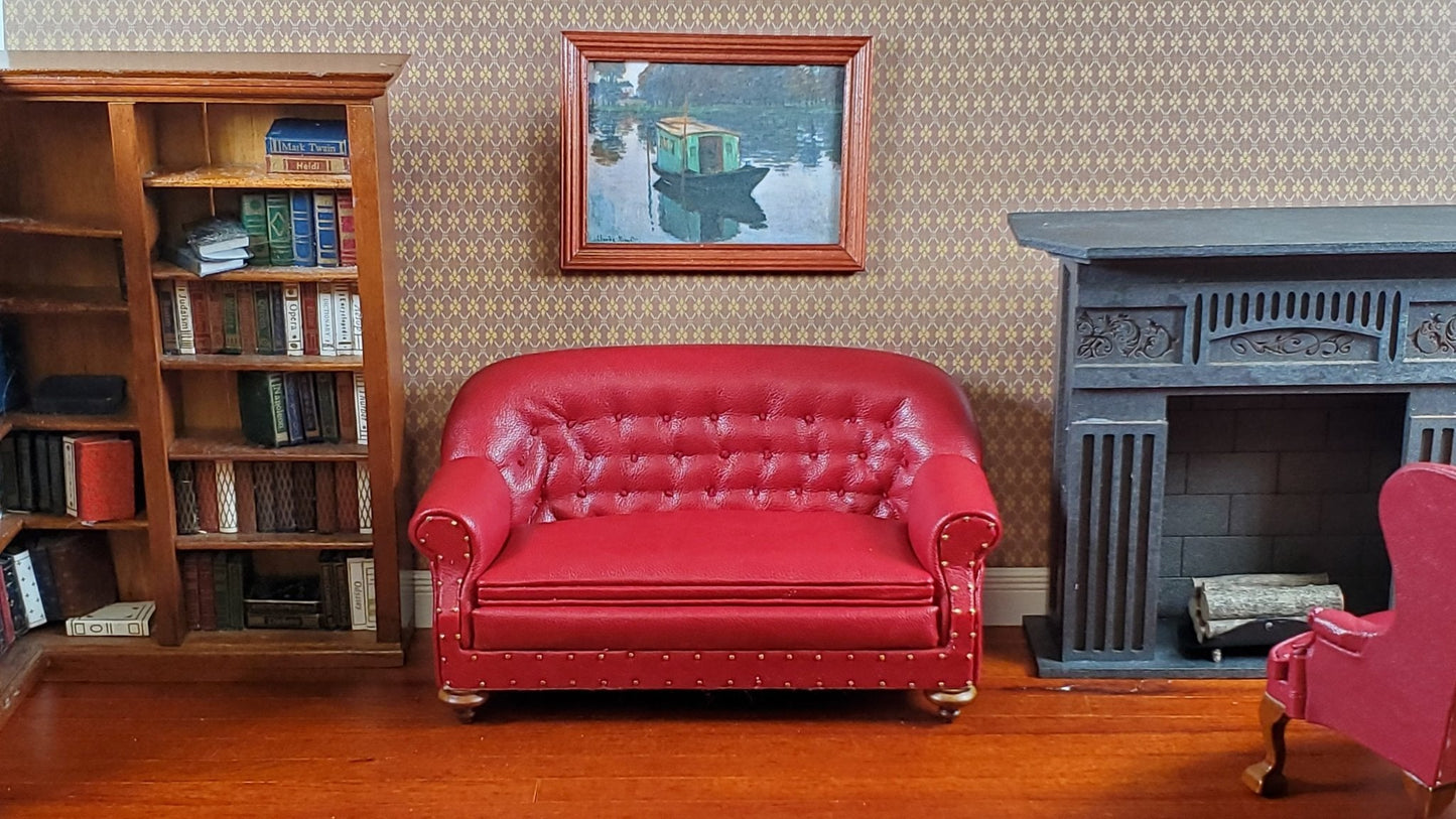 Dollhouse Sofa Red Tufted Faux Leather 1:12 Scale Miniature Furniture by JBM - Miniature Crush