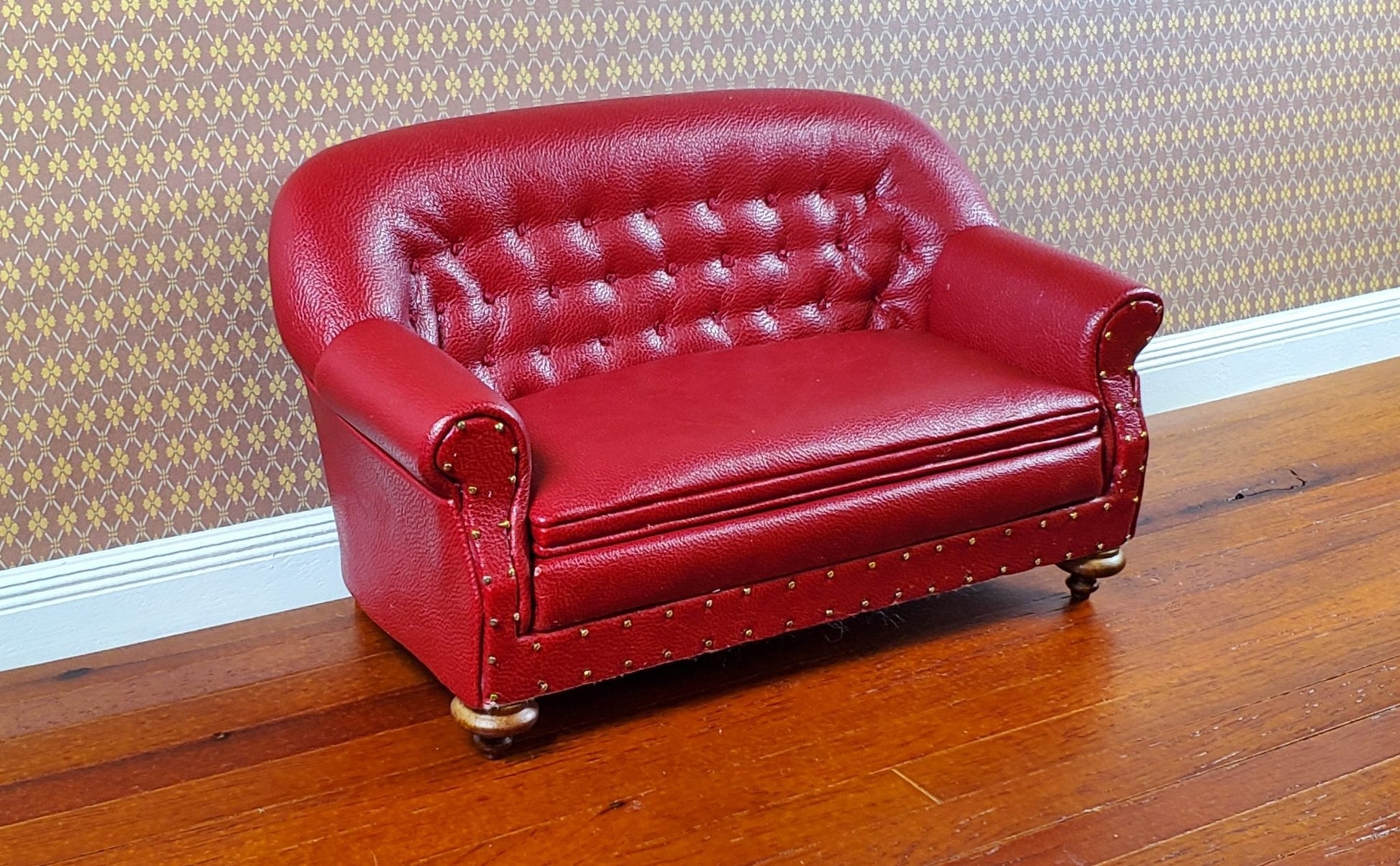 Dollhouse Sofa Red Tufted Faux Leather 1:12 Scale Miniature Furniture by JBM - Miniature Crush