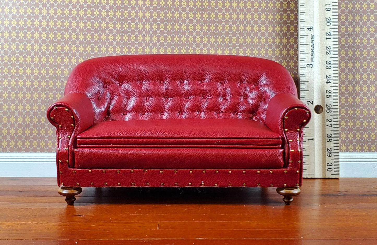 Dollhouse Sofa Red Tufted Faux Leather 1:12 Scale Miniature Furniture by JBM - Miniature Crush