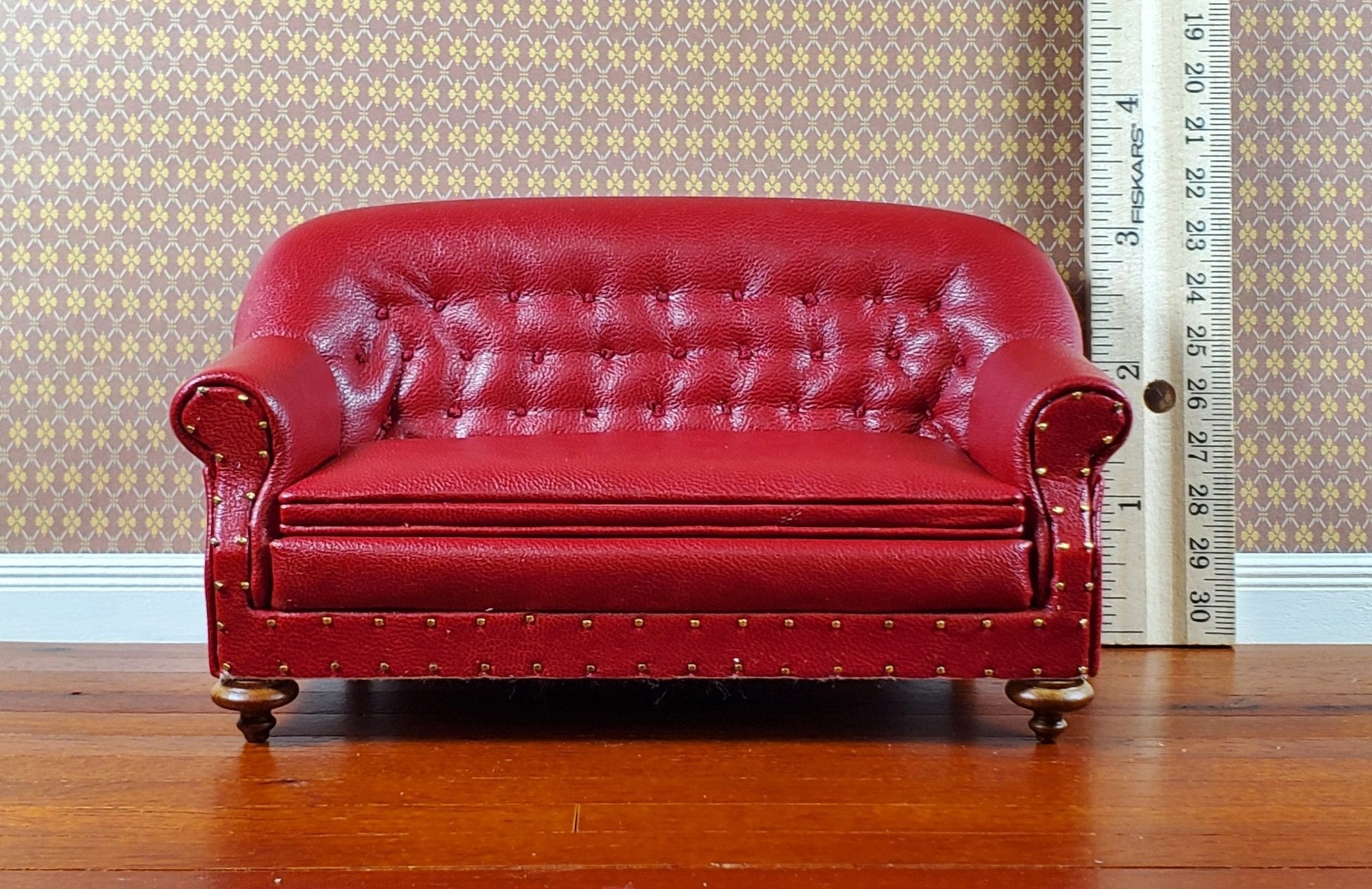 Dollhouse Sofa Red Tufted Faux Leather 1:12 Scale Miniature Furniture by JBM - Miniature Crush