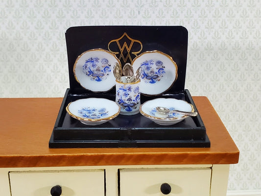 Dollhouse Soup Bowls & Spoons Blue White Gold Trim Set of 4 Reutter Porcelain 1:12 Scale Miniatures - Miniature Crush