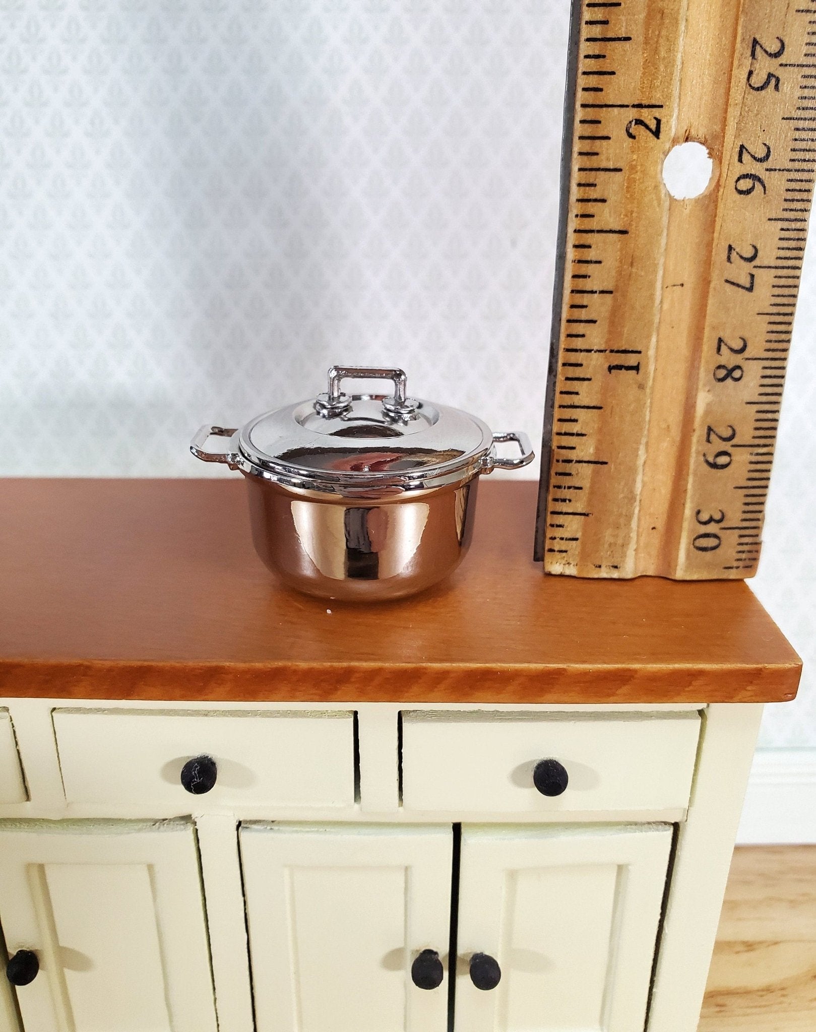 Dollhouse Stock Pot with Lid 1:6 Scale Modern Silver Chrome Finish Playscale Metal - Miniature Crush