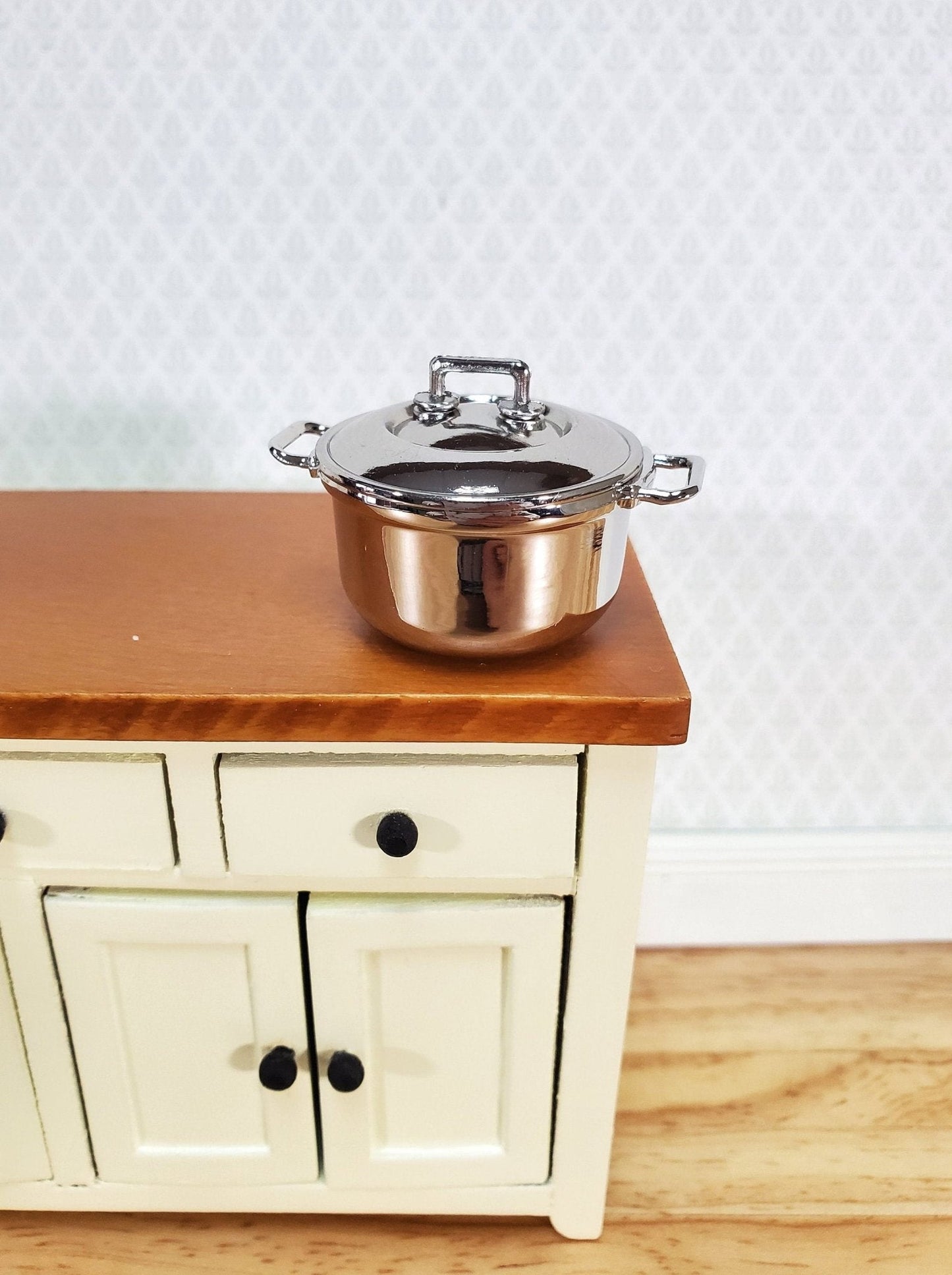 Dollhouse Stock Pot with Lid 1:6 Scale Modern Silver Chrome Finish Playscale Metal - Miniature Crush