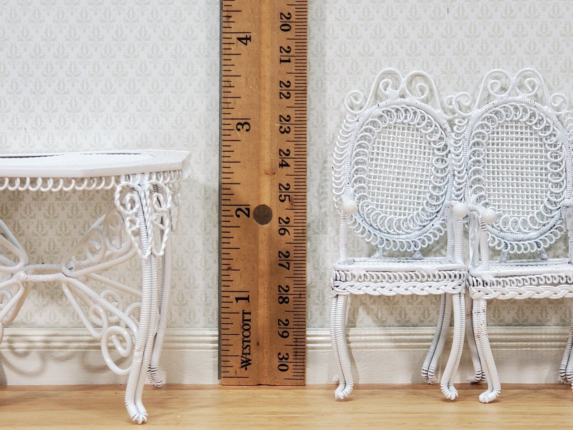 Dollhouse Table with 4 Chairs White Wire Metal 1:12 Scale Miniature or Fairy Garden - Miniature Crush