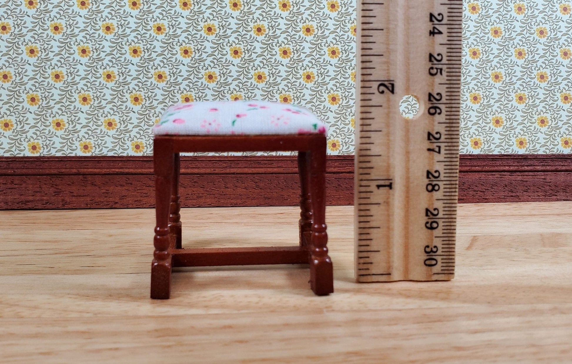 Dollhouse Vanity Stool Bench Walnut Finish Fabric Seat 1:12 Scale Furniture - Miniature Crush