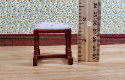 Dollhouse Vanity Stool Bench Walnut Finish Fabric Seat 1:12 Scale Furniture - Miniature Crush
