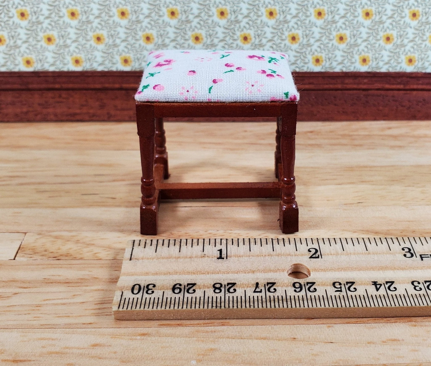 Dollhouse Vanity Stool Bench Walnut Finish Fabric Seat 1:12 Scale Furniture - Miniature Crush