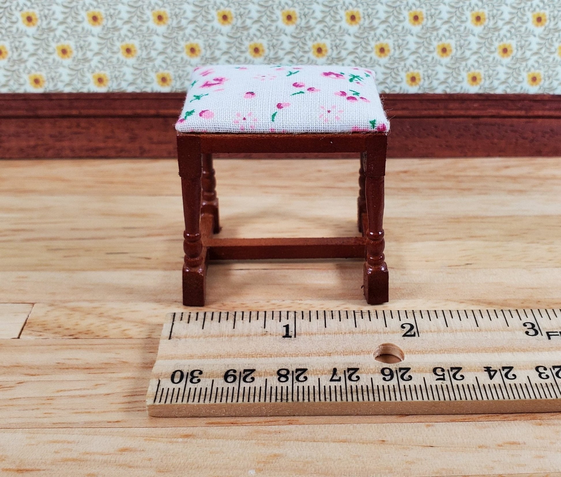 Dollhouse Vanity Stool Bench Walnut Finish Fabric Seat 1:12 Scale Furniture - Miniature Crush