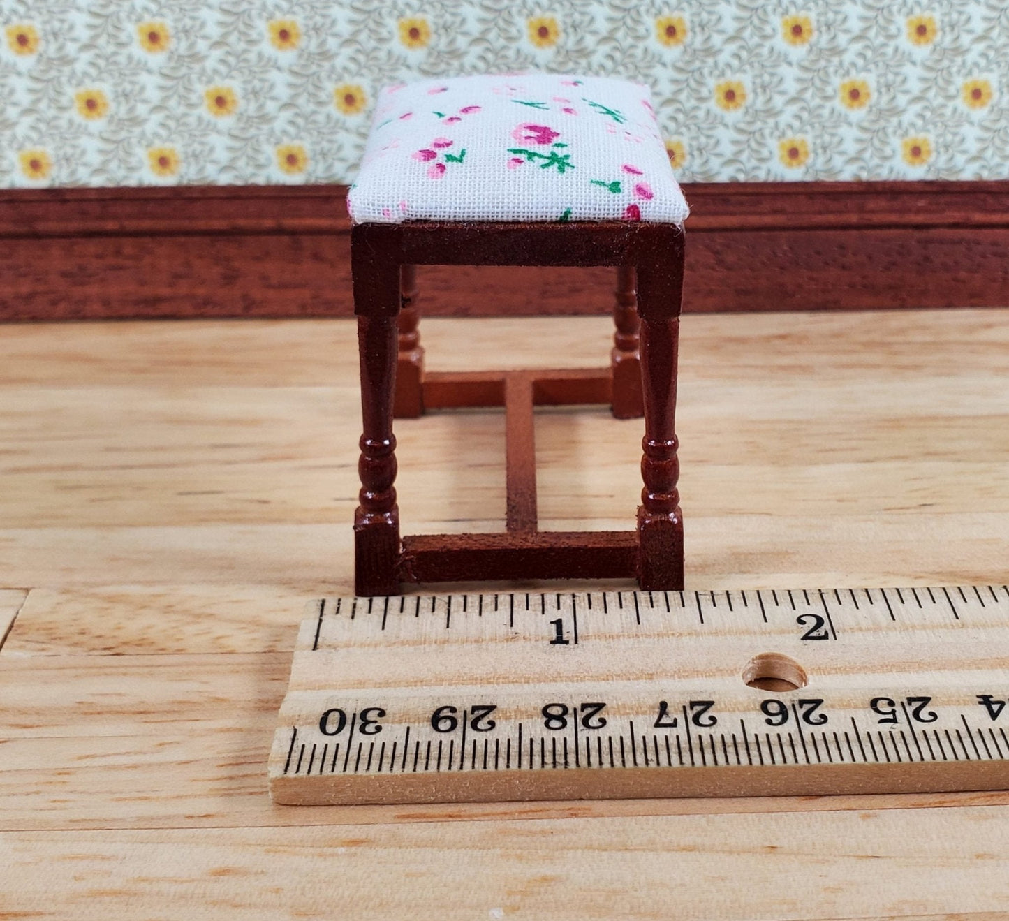 Dollhouse Vanity Stool Bench Walnut Finish Fabric Seat 1:12 Scale Furniture - Miniature Crush