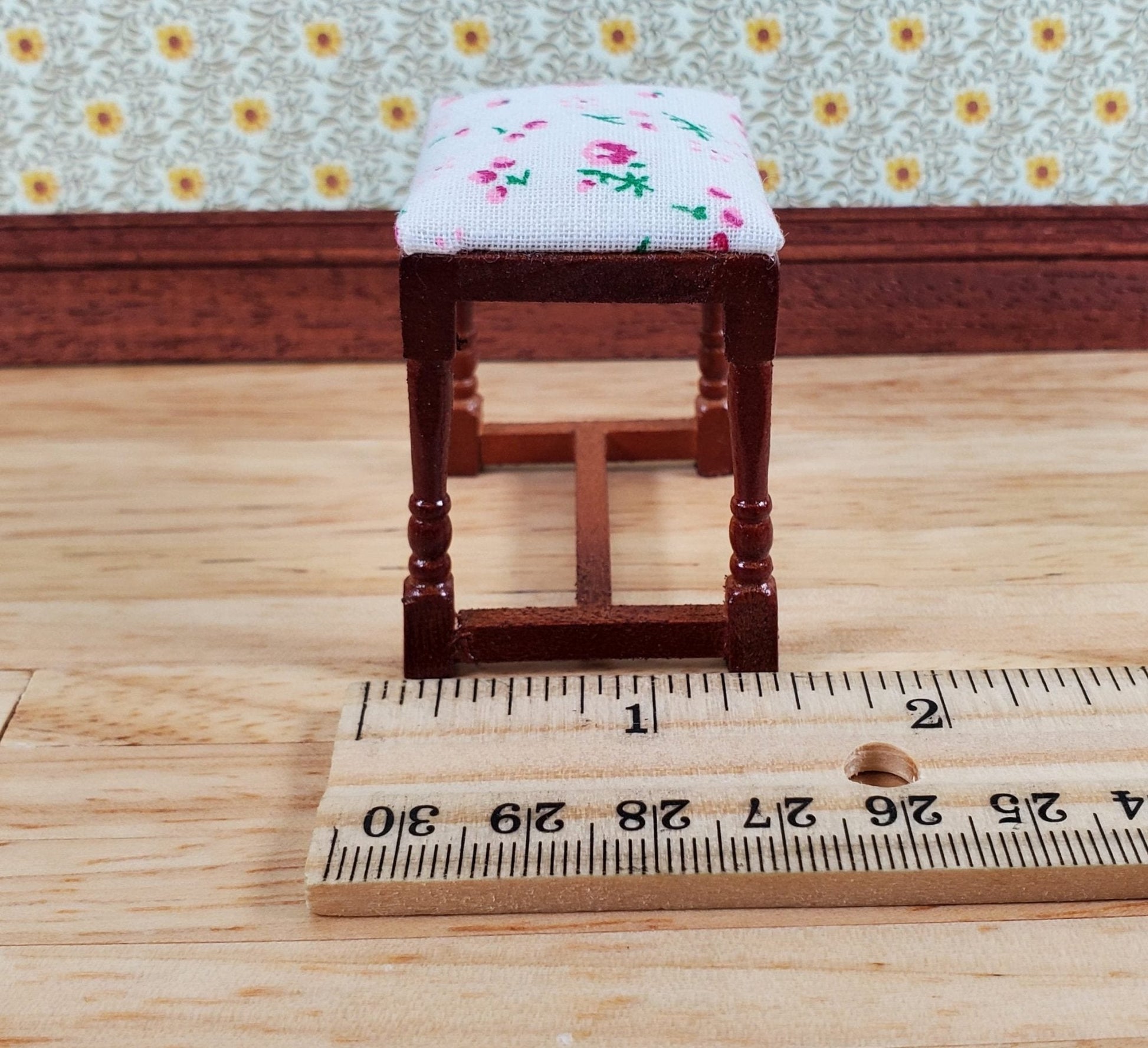 Dollhouse Vanity Stool Bench Walnut Finish Fabric Seat 1:12 Scale Furniture - Miniature Crush