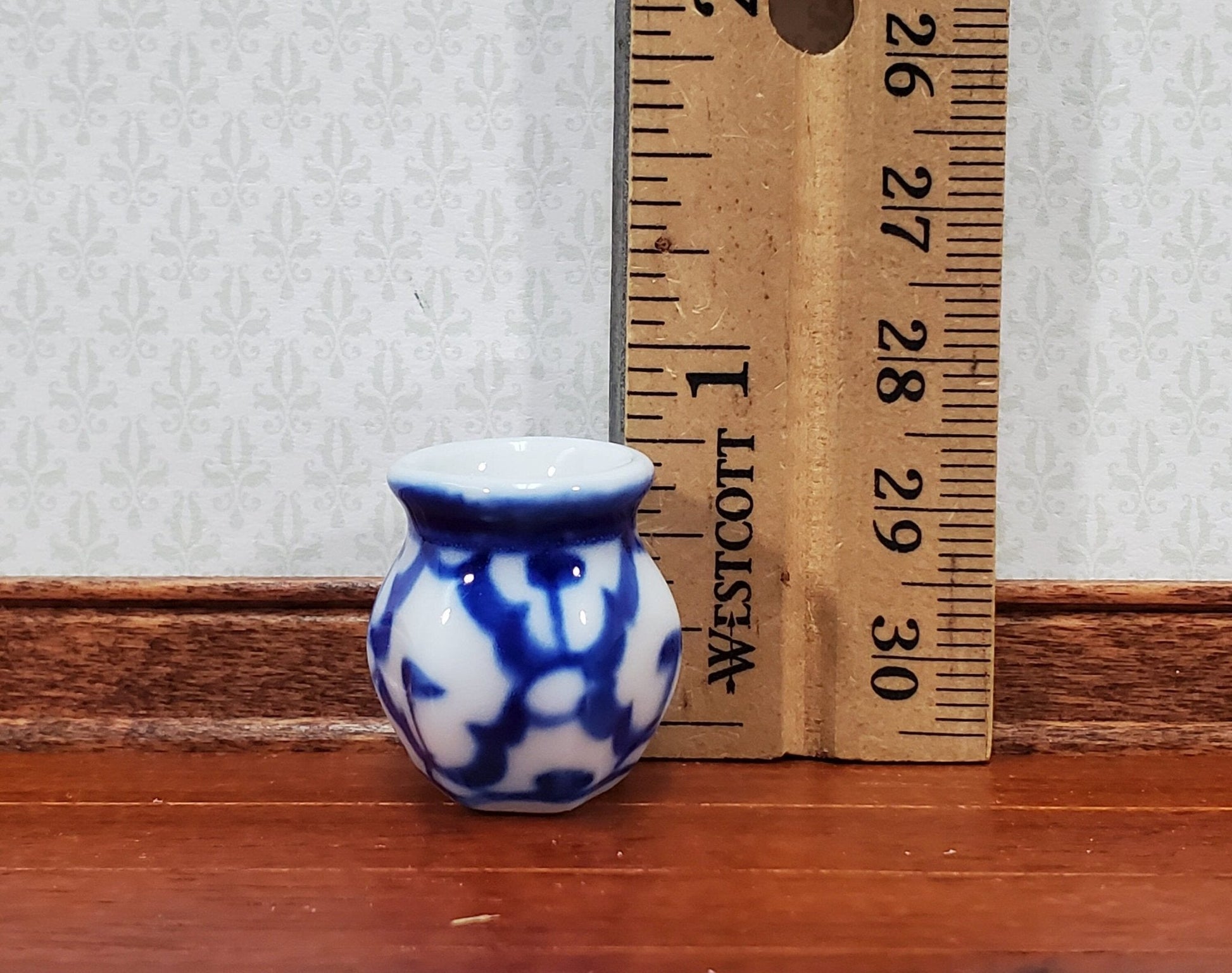 Dollhouse Vase Blue & White Patterned or Decorative Planter Ceramic Use in 1:12 or 1/6 Scale Miniatures - Miniature Crush