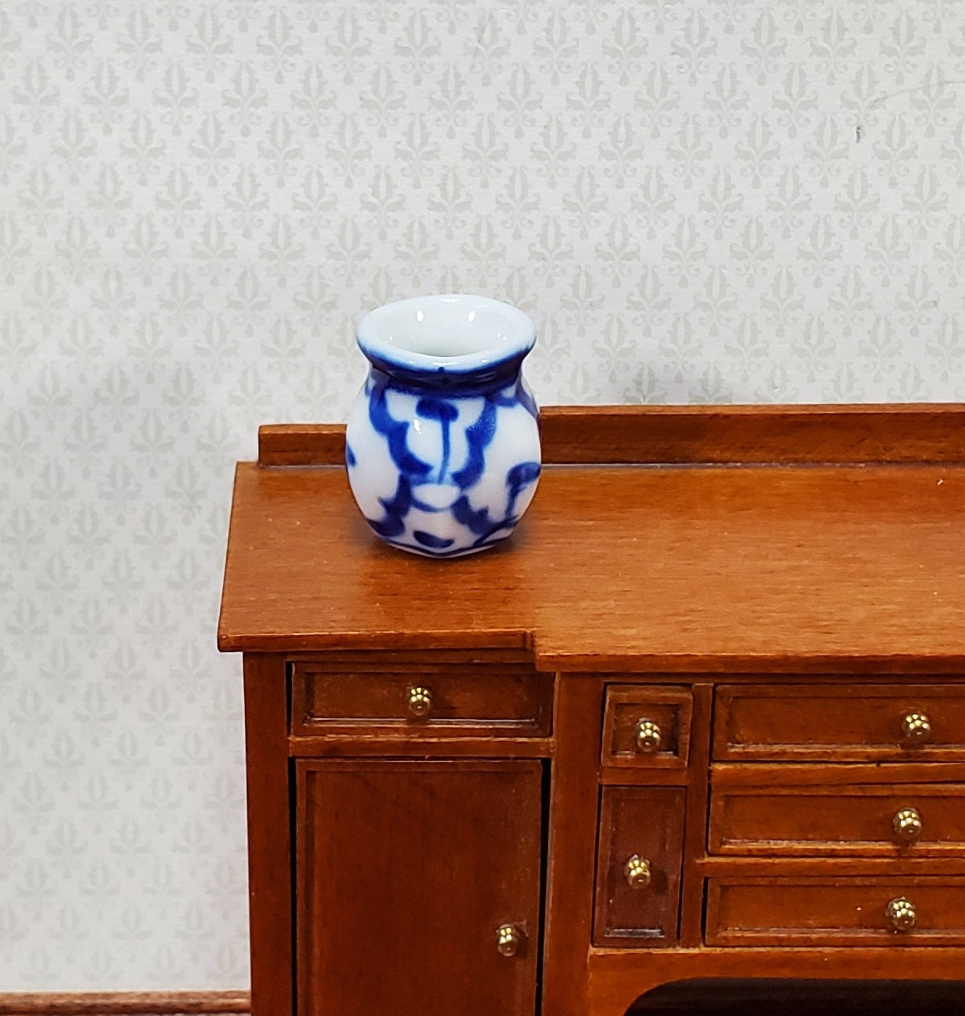 Dollhouse Vase Blue & White Patterned or Decorative Planter Ceramic Use in 1:12 or 1/6 Scale Miniatures - Miniature Crush