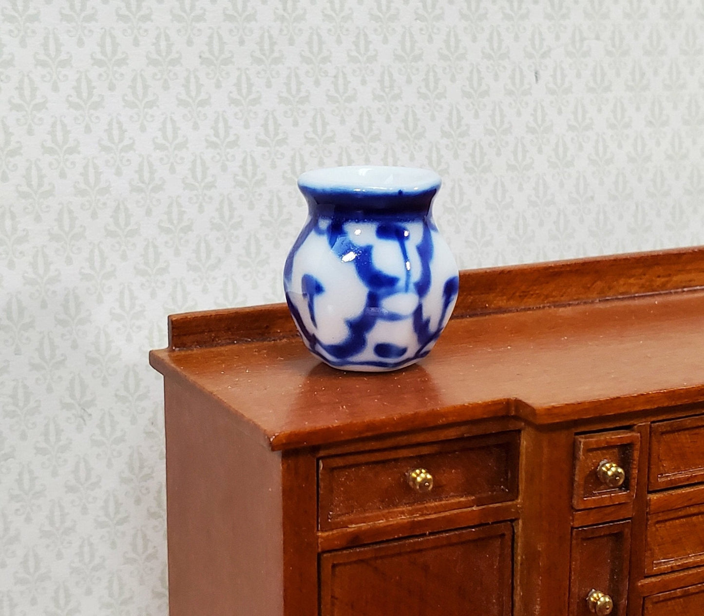 Dollhouse Vase Blue & White Patterned or Decorative Planter Ceramic Use in 1:12 or 1/6 Scale Miniatures - Miniature Crush