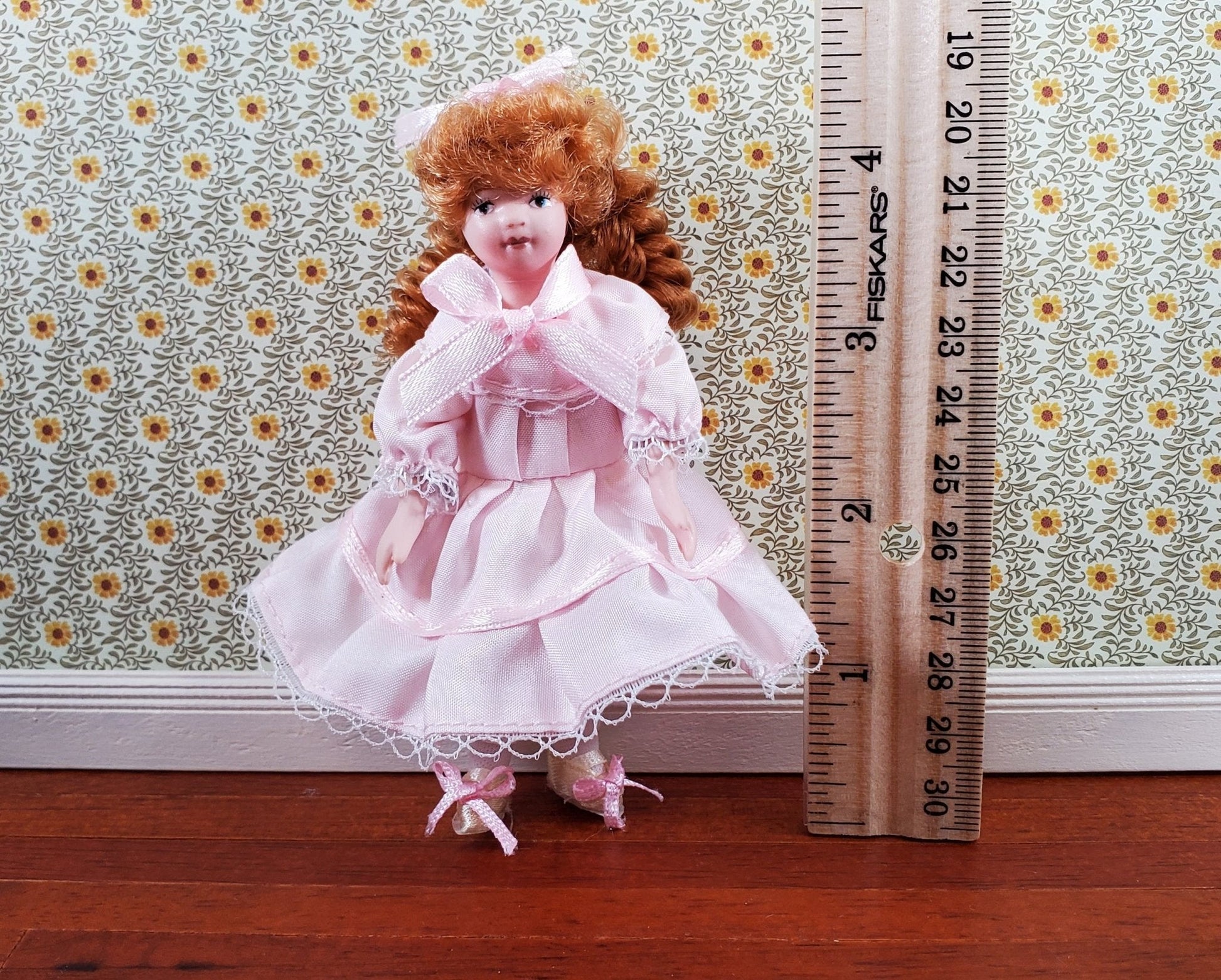 Dollhouse Victorian Girl Doll Fancy Pink Dress Porcelain Poseable 1:12 Scale - Miniature Crush