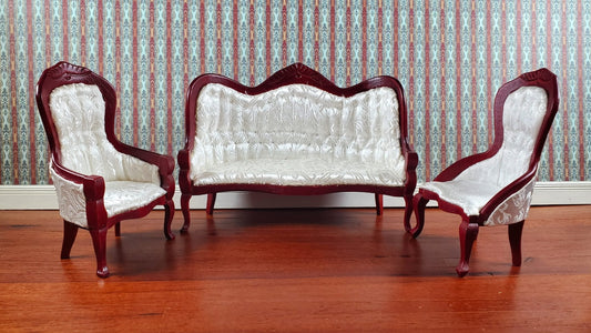 Dollhouse Victorian Living Room Set Sofa Chairs 1:12 Scale Furniture Mahogany Finish - Miniature Crush