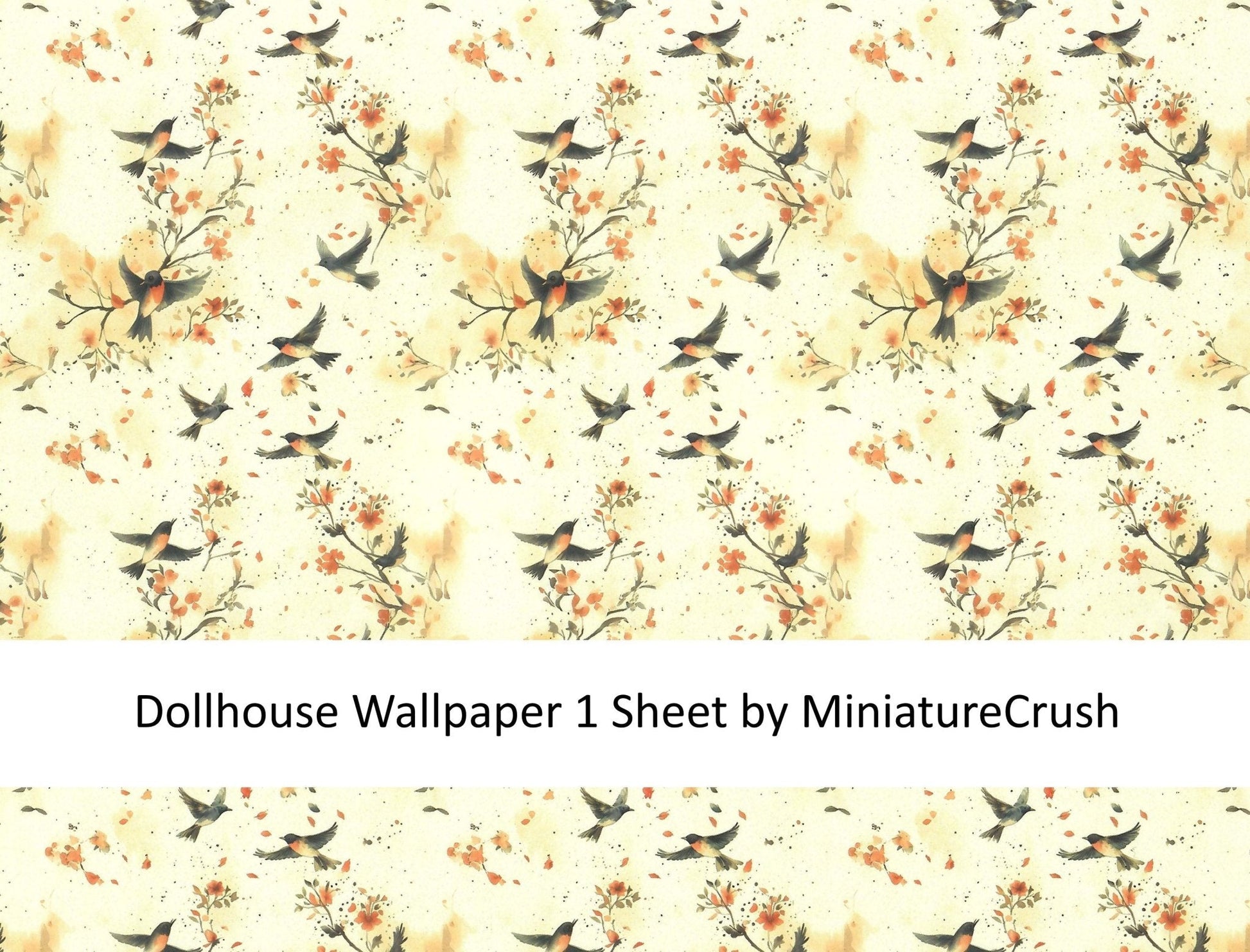 Dollhouse Wallpaper Flirty Birds Cream Beige Gray 1:12 Scale by MiniatureCrush - Miniature Crush