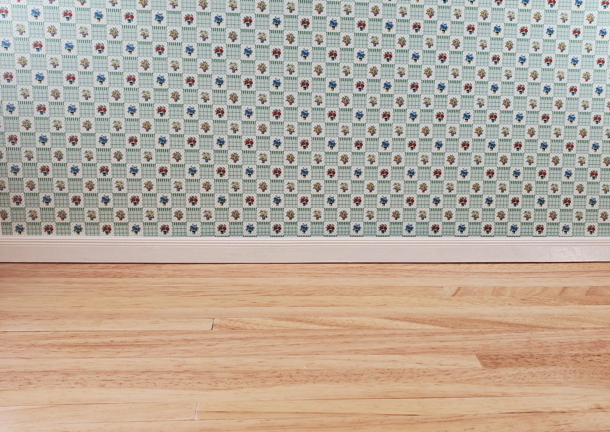 Dollhouse Wallpaper "Flower Pots" Green White Bradbury & Bradbury 1:12 Scale - Miniature Crush