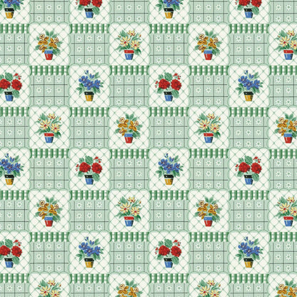 Dollhouse Wallpaper "Flower Pots" Green White Bradbury & Bradbury 1:12 Scale - Miniature Crush